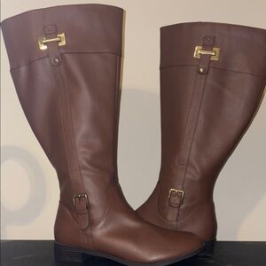 Brown Leather Knee-High Boots with Gold Buckles